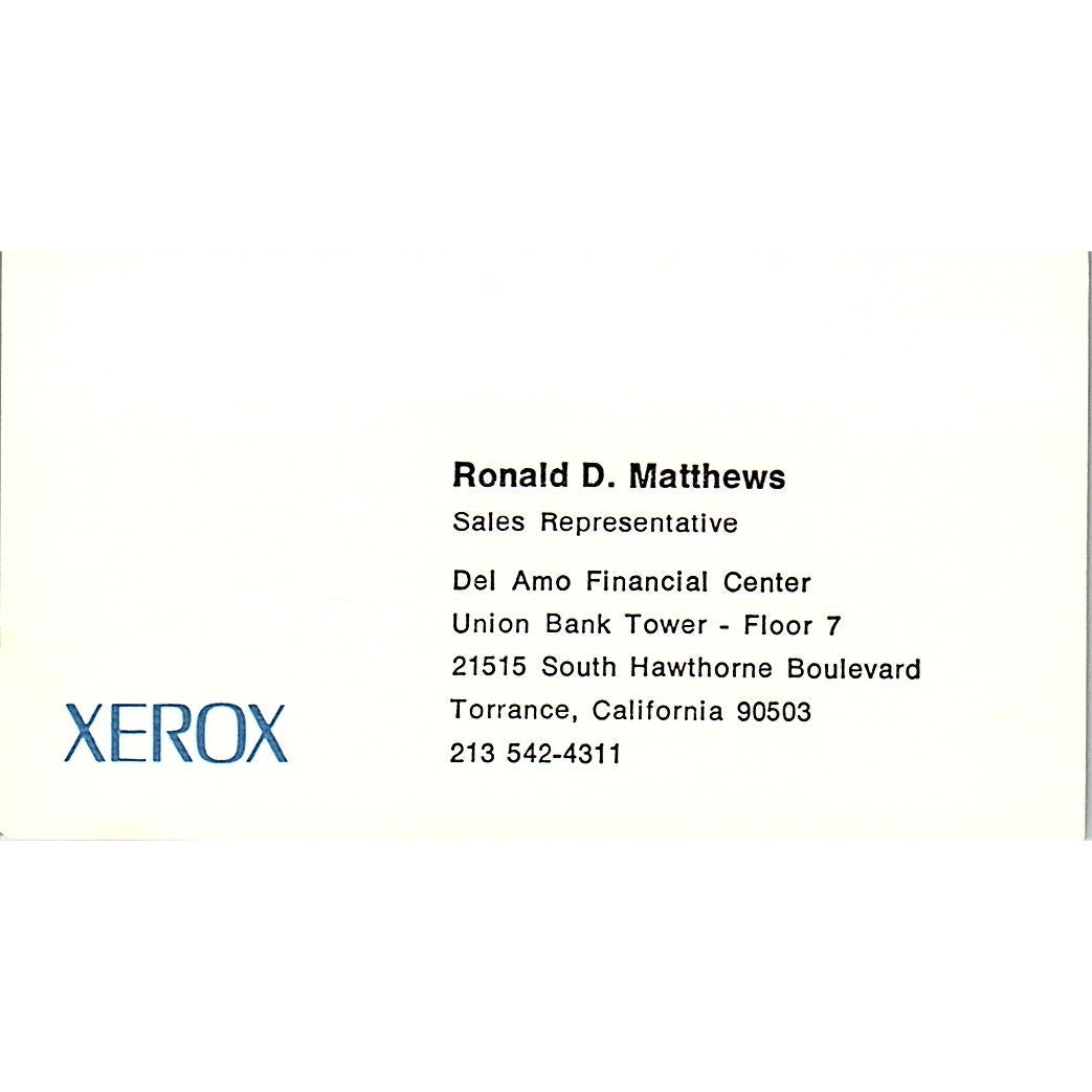 Xerox Ronald D. Matthews Torrance CA Vintage Business Card SSB4-B12