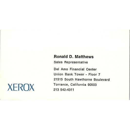 Xerox Ronald D. Matthews Torrance CA Vintage Business Card SSB4-B12