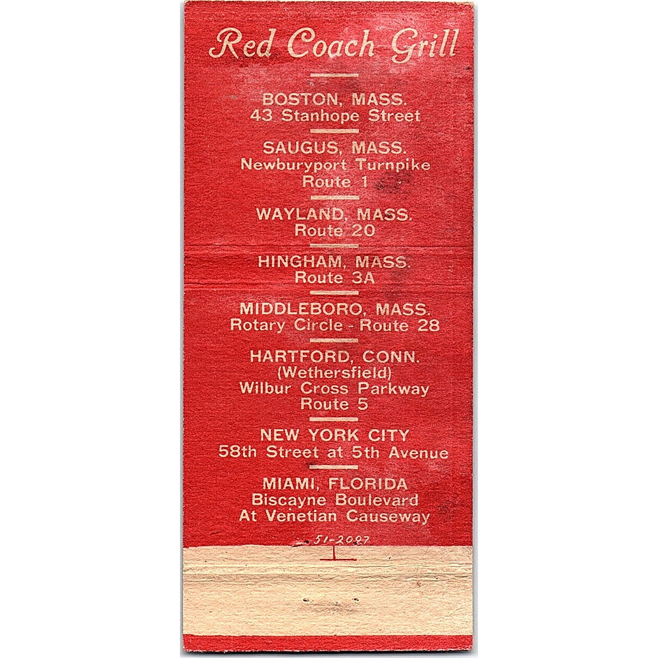 Red Coach Grill Jack Larkin Boston MA Vintage Matchbook MM4-10