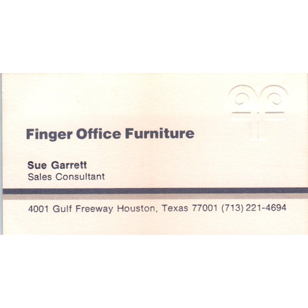 Sue Garrett Finger Office Furniture Houston Vintage Business Card SD8-B20