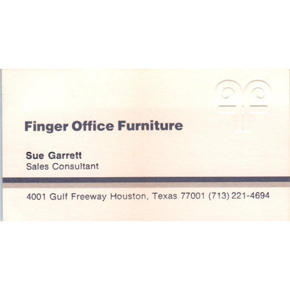 Sue Garrett Finger Office Furniture Houston Vintage Business Card SD8-B20