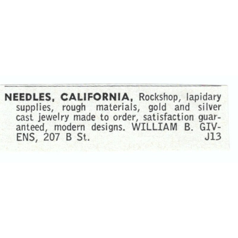 William B. Givens Rockshop Lapidary Supply Needles CA 1964 Magazine Ad AB6-LJS6