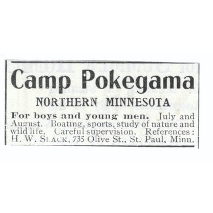 Camp Pokegama Northern MN H.W. Slack St. Paul 1903 Magazine Ad AF7-SS1