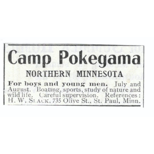 Camp Pokegama Northern MN H.W. Slack St. Paul 1903 Magazine Ad AF7-SS1