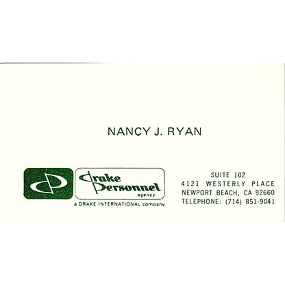 Drake Personnel Agency Nancy J. Ryan Newport BCH CA Vintage Business Card SF3-B7