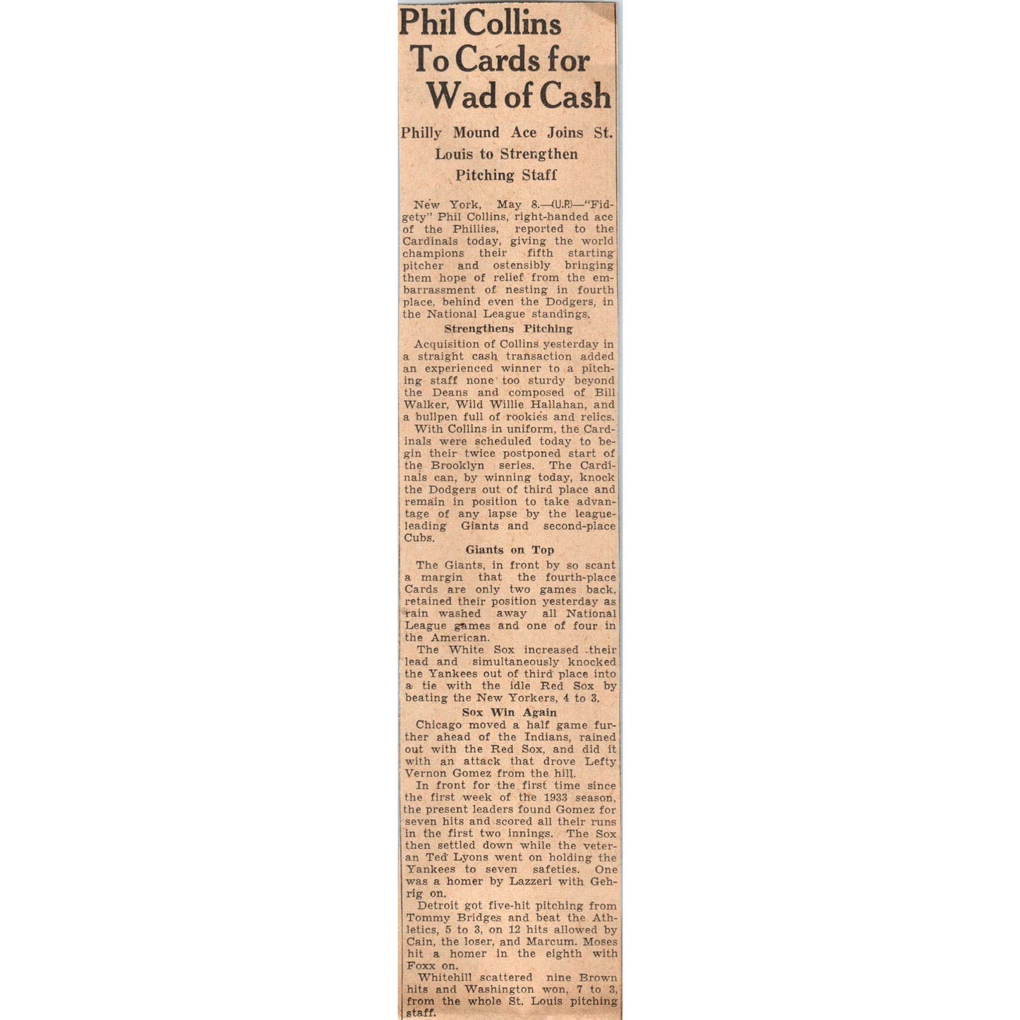 Baseball Phil Collins Traded to Cardinals 1935 Minneapolis Journal Article AE7N4