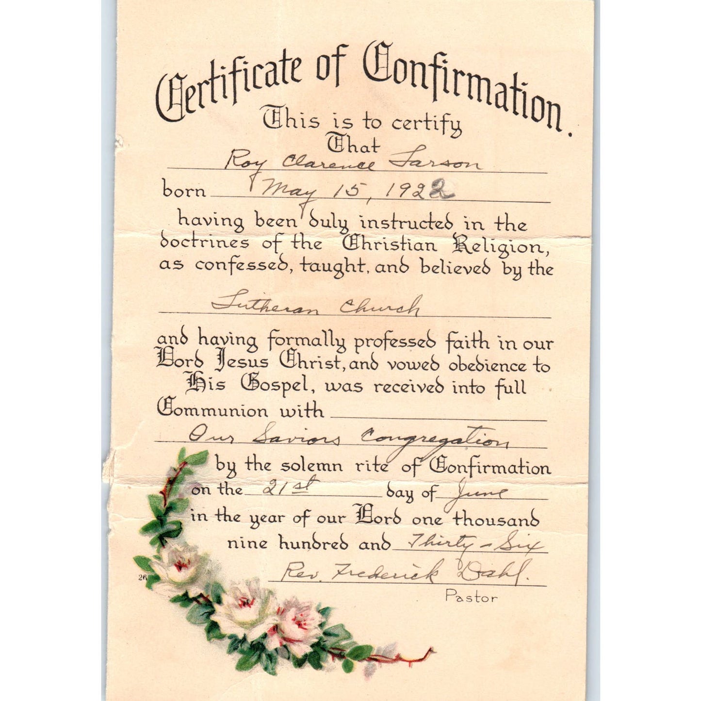1936 Confirmation Certificate Roy Clarence Larson Our Saviors Congregation AD7