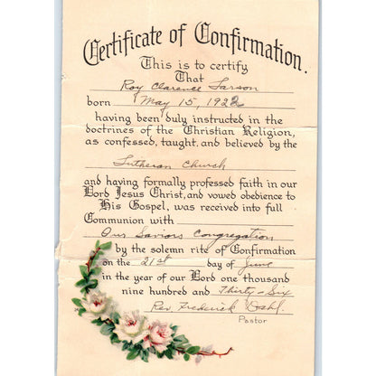 1936 Confirmation Certificate Roy Clarence Larson Our Saviors Congregation AD7