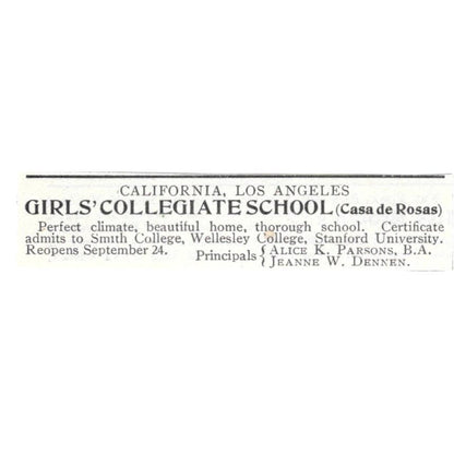 Los Angeles CA Girls School Alice K. Parsons Jeanne W. Dennen c1918 Ad AE5-SV1