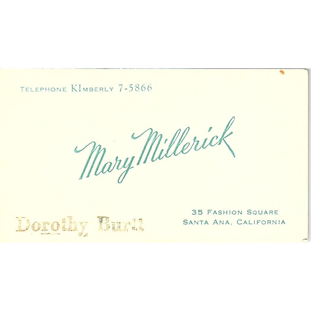 Mary Millerick Fashion Dorothy Burtt Santa Ana CA Vintage Business Card SE5-B5