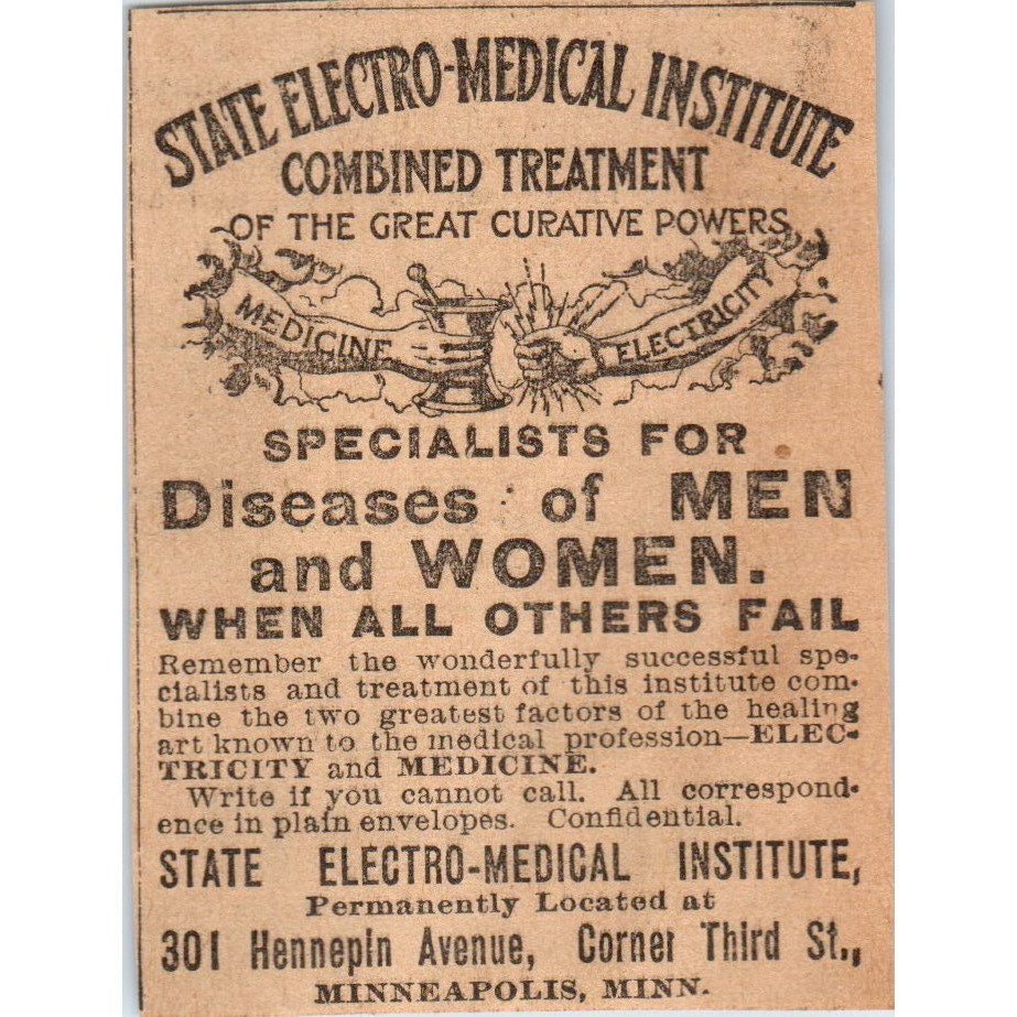 State Electro-Medical Institute Quackery Minneapolis 1898 Newspaper Ad AF2-Q4