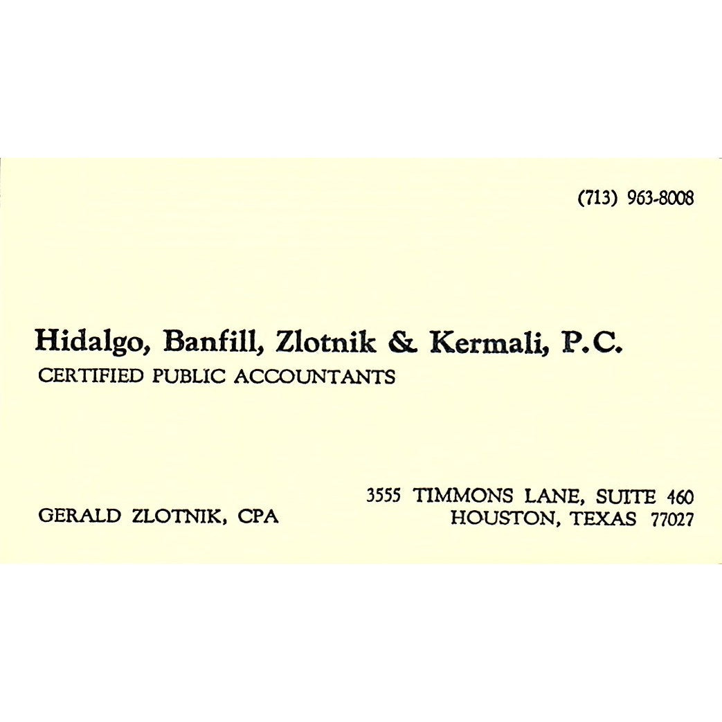 Gerald Zlotnik CPA Hidalgo Banfill Zlotnik & Kermali TX Business Card SD9-B1
