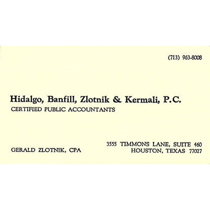 Gerald Zlotnik CPA Hidalgo Banfill Zlotnik & Kermali TX Business Card SD9-B1