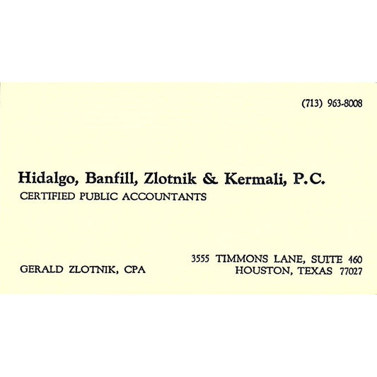 Gerald Zlotnik CPA Hidalgo Banfill Zlotnik & Kermali TX Business Card SD9-B1