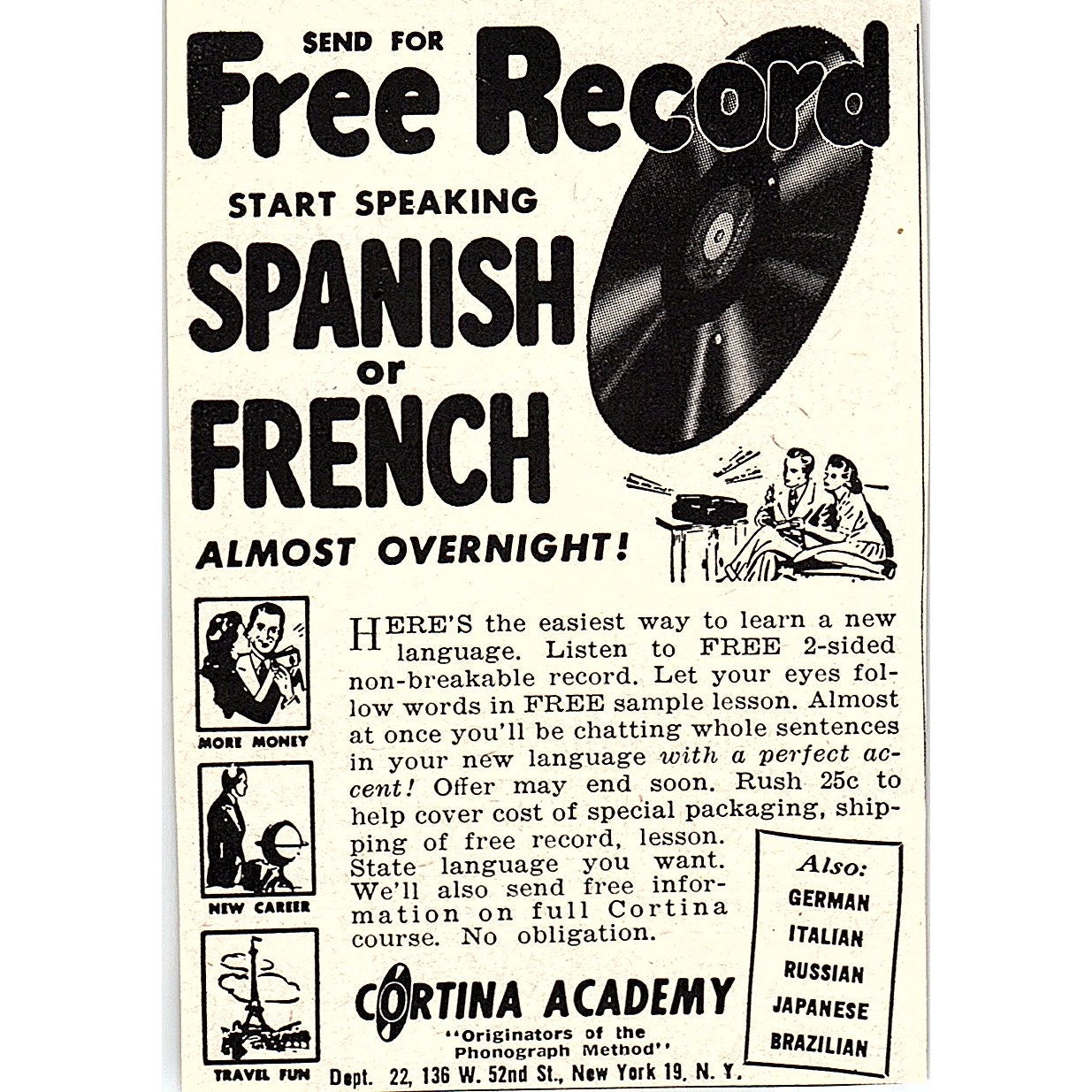 Cortina Academy Learn Spanish Phonograph Method NY 1955 Ad AF9-M2
