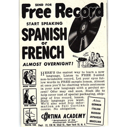 Cortina Academy Learn Spanish Phonograph Method NY 1955 Ad AF9-M2