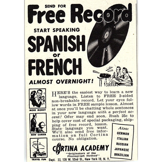 Cortina Academy Learn Spanish Phonograph Method NY 1955 Ad AF9-M2