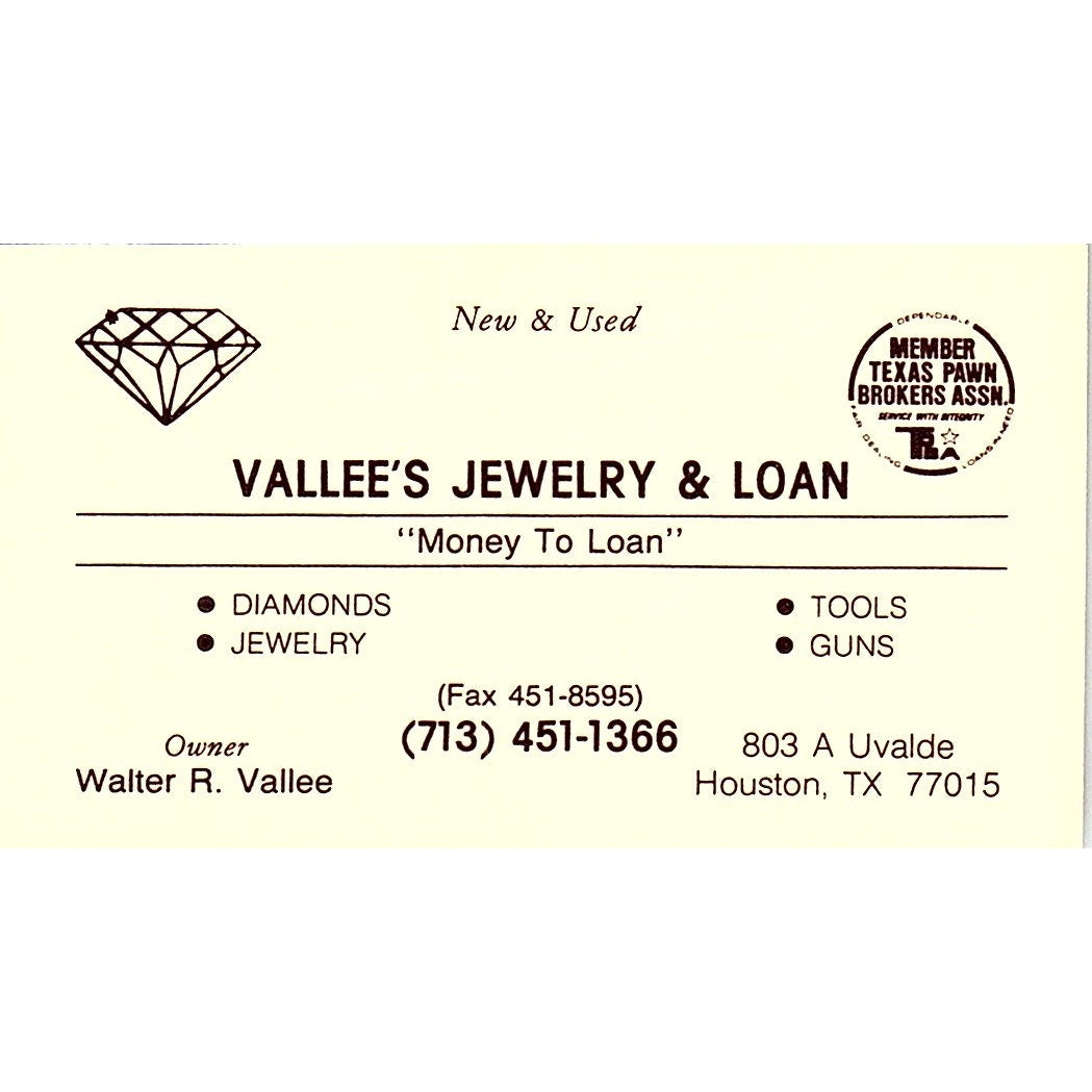 Walter R Vallee Jewelry & Loan Houston Vintage Business Card SC9-B5