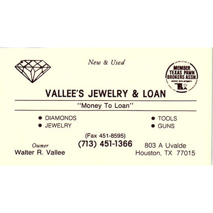 Walter R Vallee Jewelry & Loan Houston Vintage Business Card SC9-B5