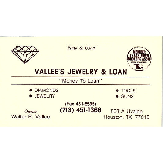 Walter R Vallee Jewelry & Loan Houston Vintage Business Card SC9-B5