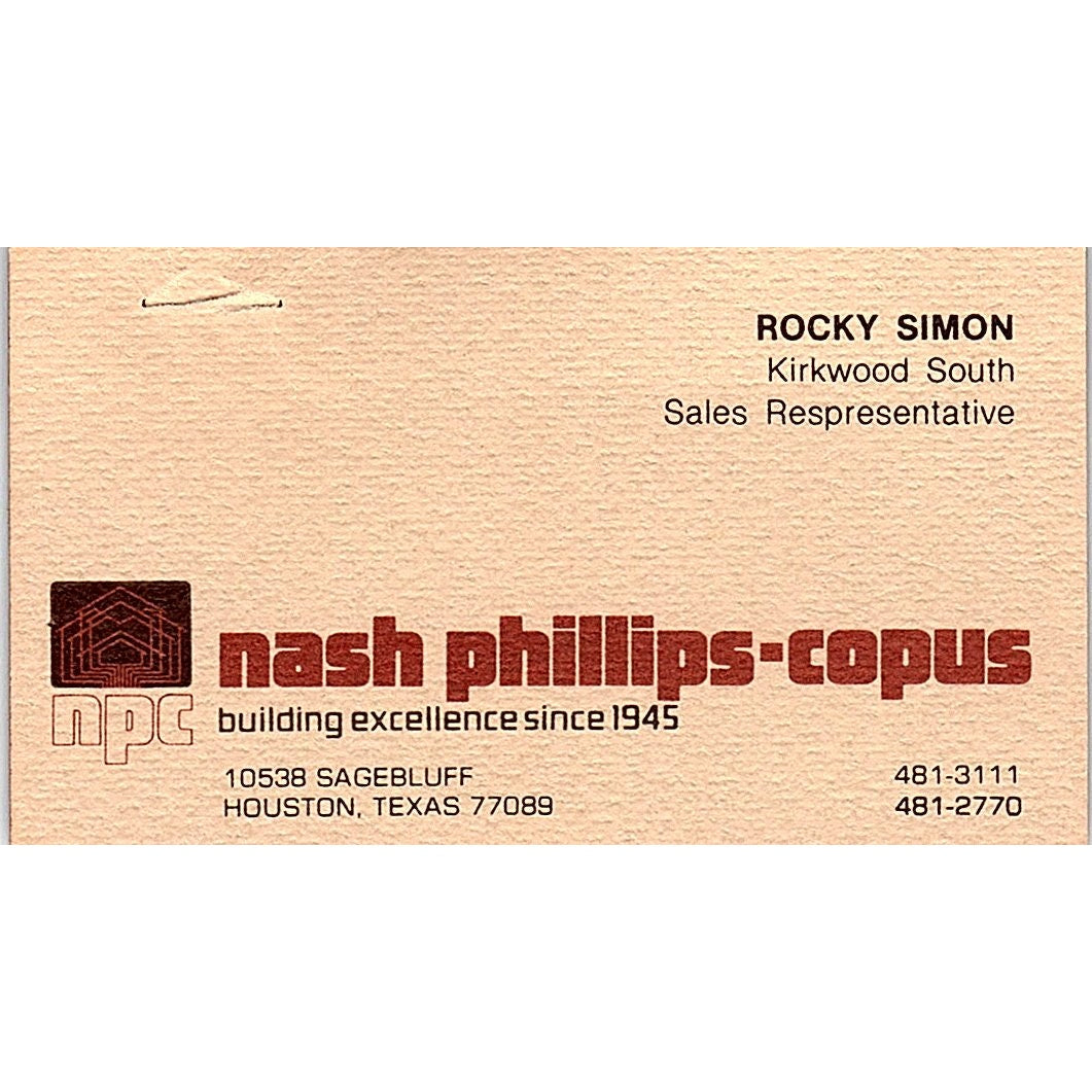 Rocky Simon Nash Phillips-Copus Houston TX Vintage Business Card SD9-B3