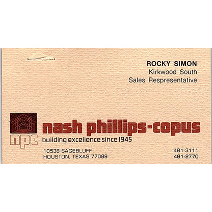 Rocky Simon Nash Phillips-Copus Houston TX Vintage Business Card SD9-B3