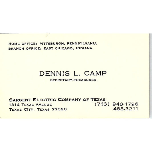 Sargent Electric Company of Texas Dennis L. Camp Texas City Business Card SF3-B5