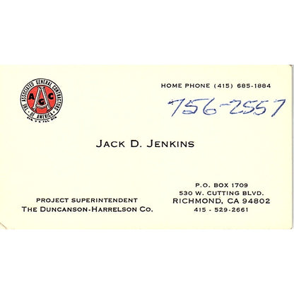 Jack D Jenkins Duncanson-Harrelson Co Richmond CA Vintage Business Card SD9-B3