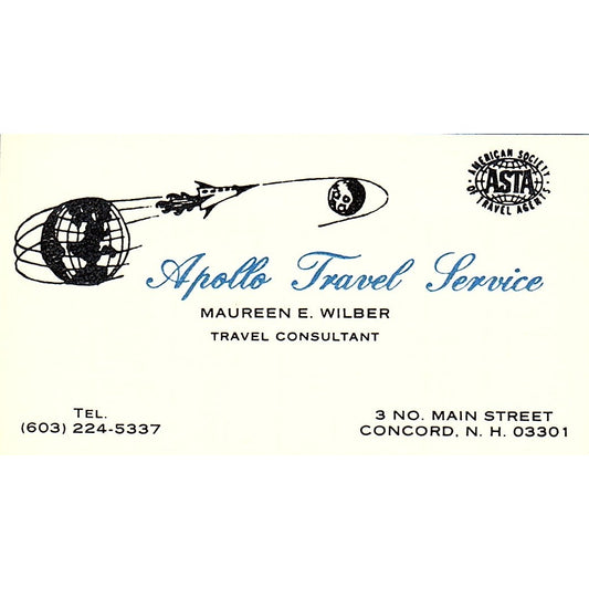 Apollo Travel Service Maureen E Wilber Concord Vintage Business Card SB4-B7