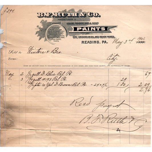 1901 B.F. Ruth & Co Paints Reading PA Original Billhead Letterhead Receipt AE7-2