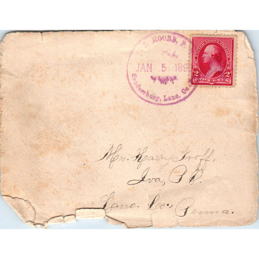 1893 Postal Cover E. Moore P.M. Stamp Soudersburg Lane Co. PA D21