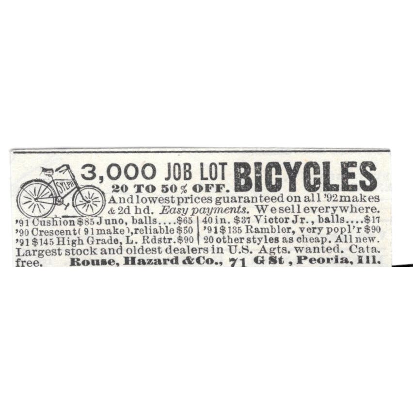 Rouse, Hazard & Co Bicycle Sales Peoria IL c1890 Victorian Ad AE8-CH11
