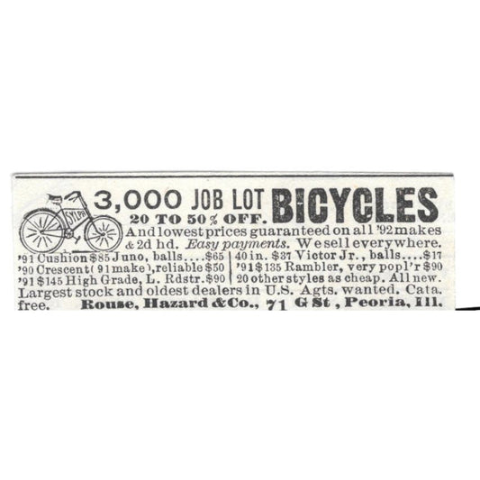Rouse, Hazard & Co Bicycle Sales Peoria IL c1890 Victorian Ad AE8-CH11