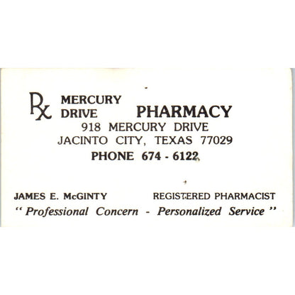 Mercury Drive Pharmacy James E. McGinty Jacinto City TX Business Card SD8-B15