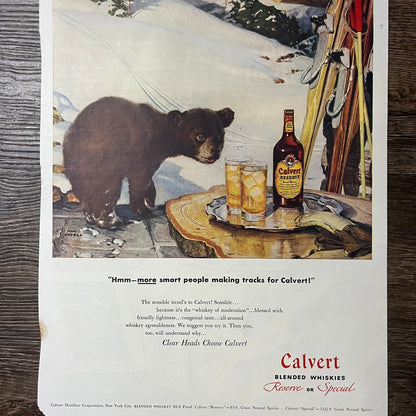 Calvert Blended Whiskies Bear Cub Tom Lovell Vintage Magazine Ad 11x14 V9