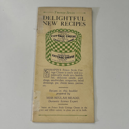 1920s Cottage Cheese Recipe Booklet Beulah Meadd J.D. Roszell Company TE2-BB