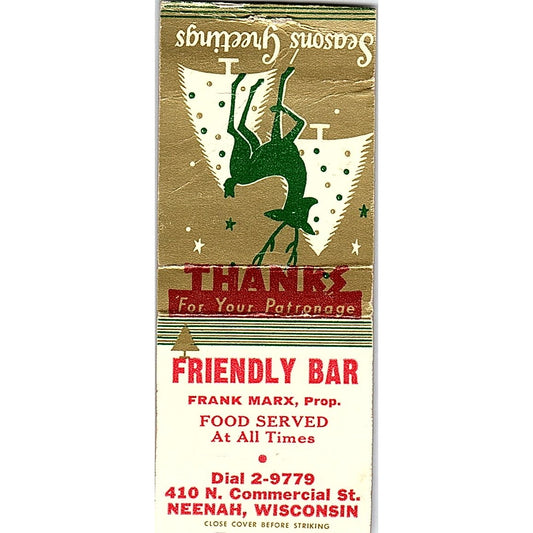 Friendly Bar Frank Marx Neenah WI Vintage Matchbook Cover SC7-Y9