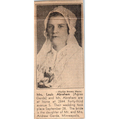 Louis Abraham Agnes Gerda Wedding 1935 Minneapolis Journal Article AE7-N4