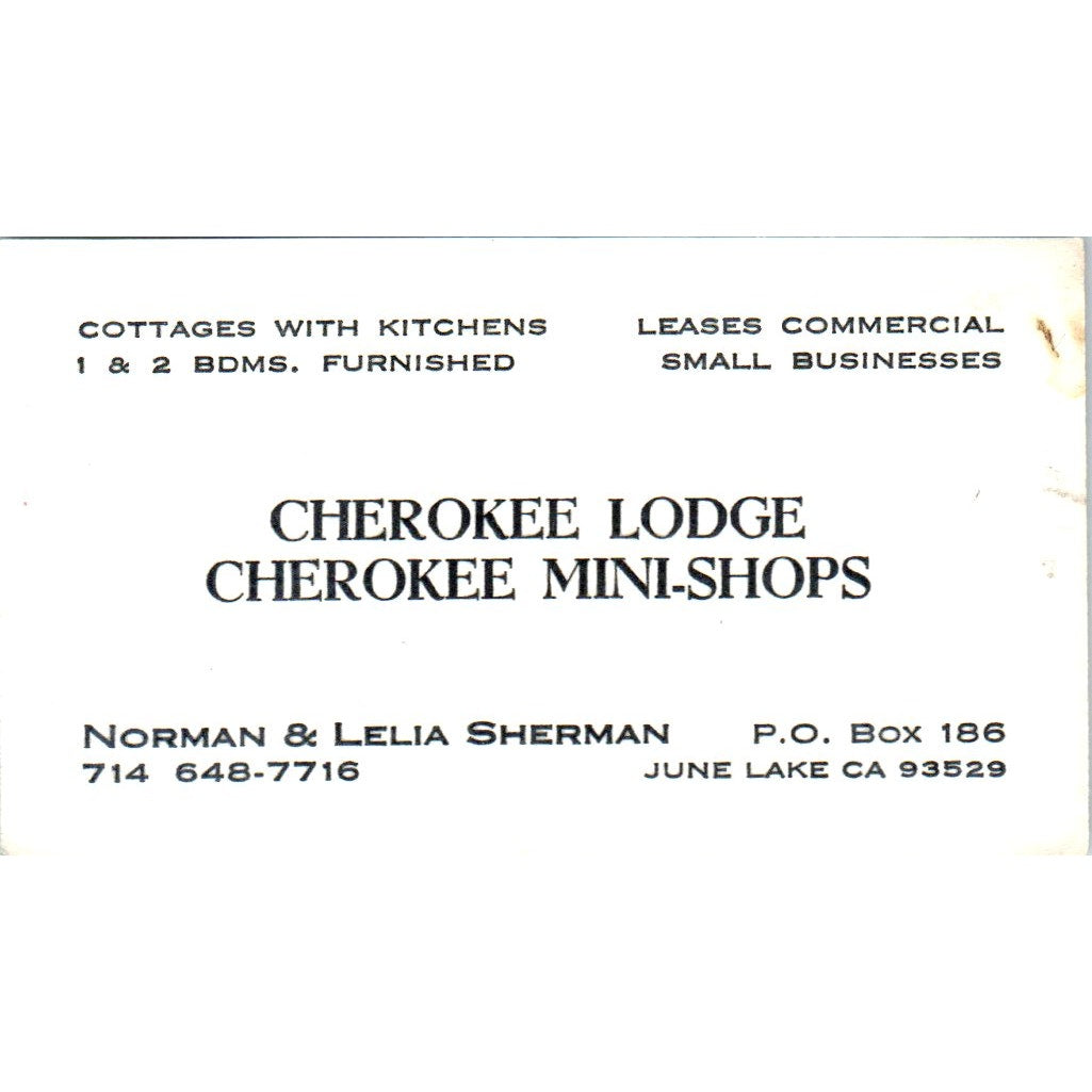 Cherokee Lodge Norman & Lelia Sherman June Lake CA Vintage Business Card SE3-B1