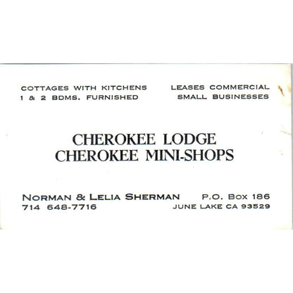 Cherokee Lodge Norman & Lelia Sherman June Lake CA Vintage Business Card SE3-B1