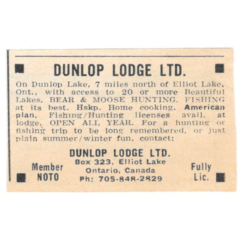 Dunlop Lodge Bear & Moose Hunting Ontario Canada 1977 Ad AF6-S4