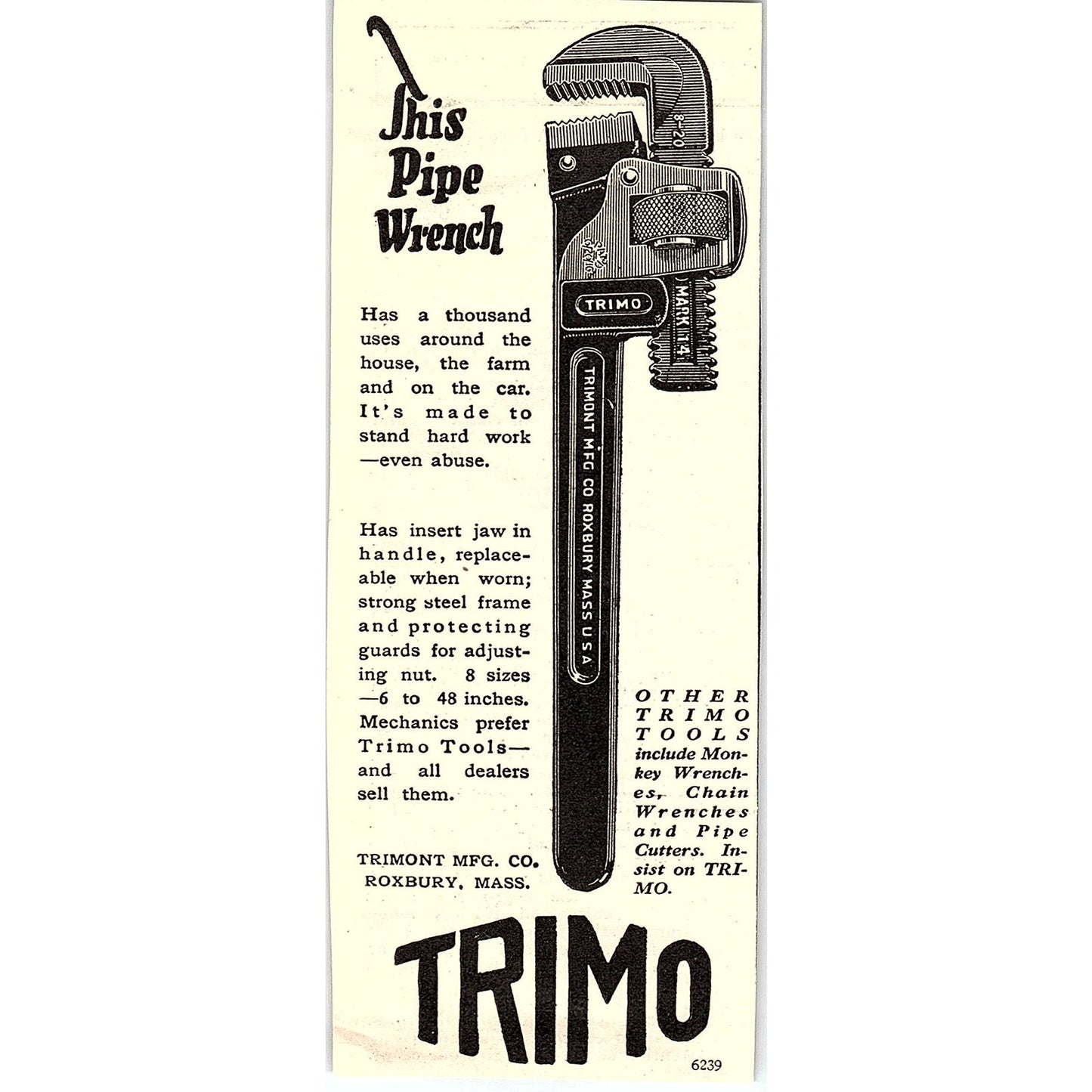 Trimont Mfg Co Trimo Pipe Wrench Roxbury MA 1924 Ad AG3-H2