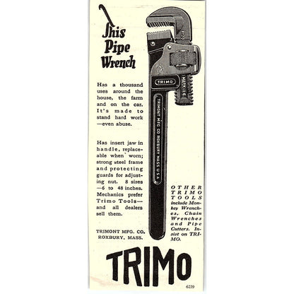 Trimont Mfg Co Trimo Pipe Wrench Roxbury MA 1924 Ad AG3-H2