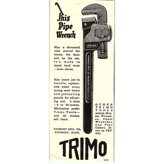 Trimont Mfg Co Trimo Pipe Wrench Roxbury MA 1924 Ad AG3-H2
