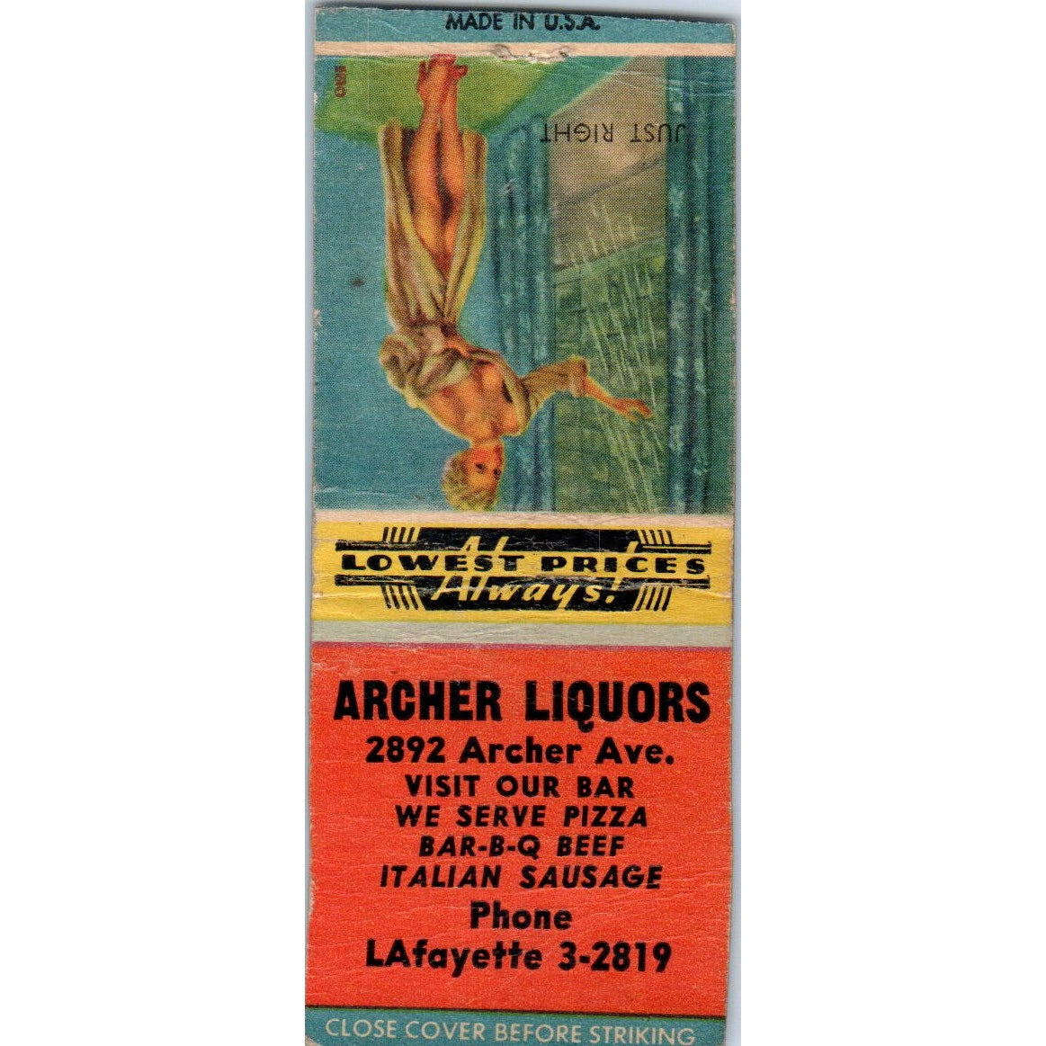 Archer Liquors Chicago Pin Up Just Right Vintage Matchbook Cover SF4-Y5