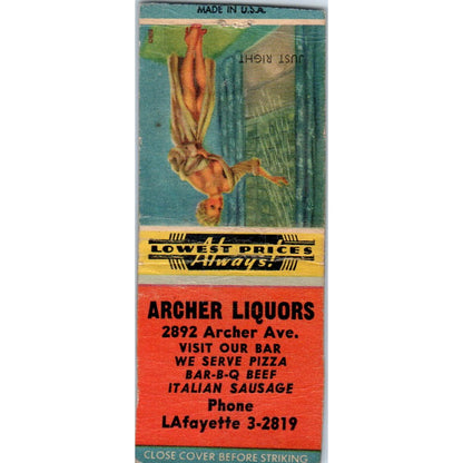 Archer Liquors Chicago Pin Up Just Right Vintage Matchbook Cover SF4-Y5