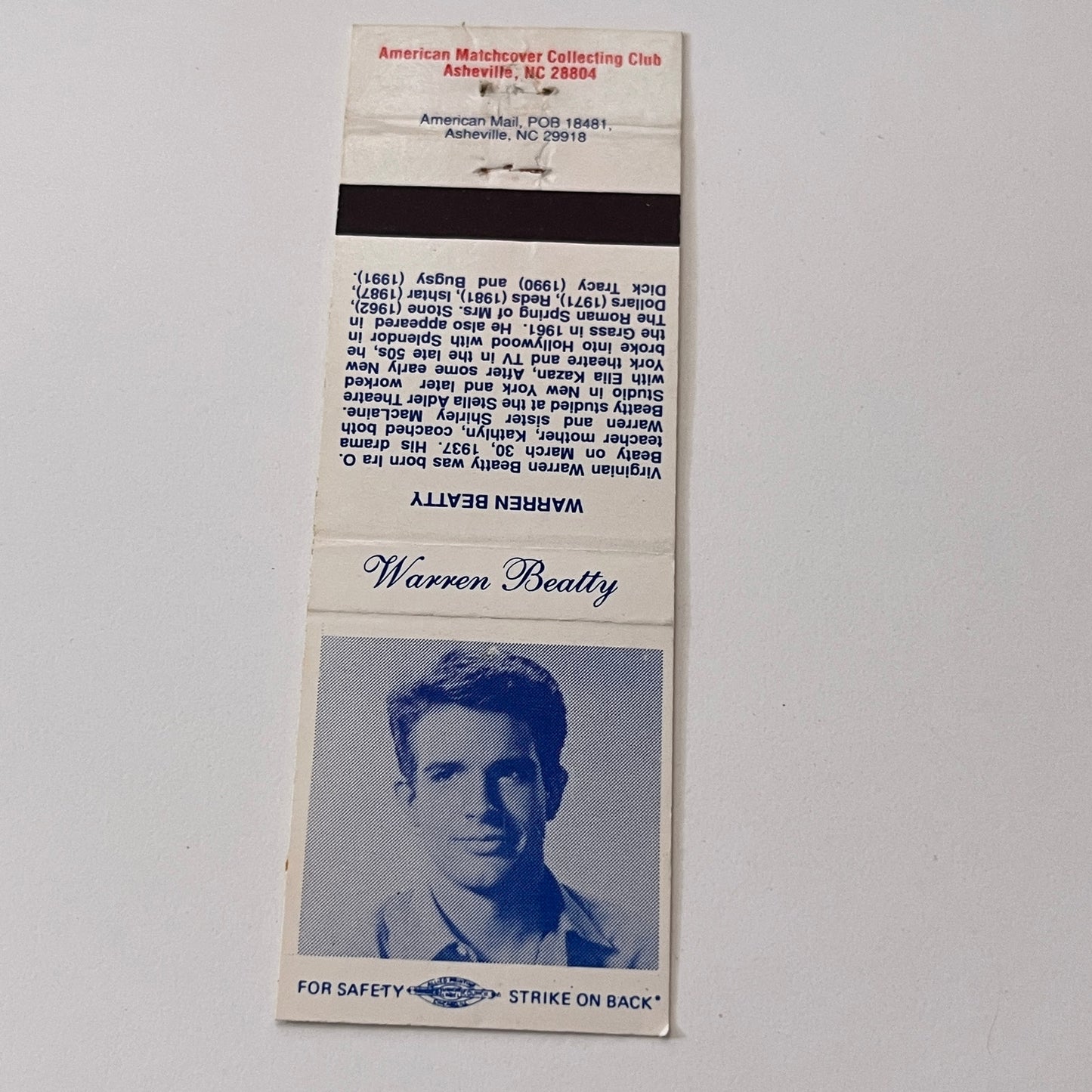 Warren Beatty Bio Vintage Matchbook Cover TB6-MB2-1