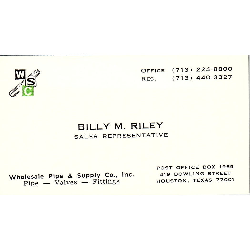 Wholesale Pipe & Supply Billy M. Riley Houston TX Vintage  Business Card SB4-B11