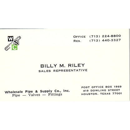 Wholesale Pipe & Supply Billy M. Riley Houston TX Vintage  Business Card SB4-B11