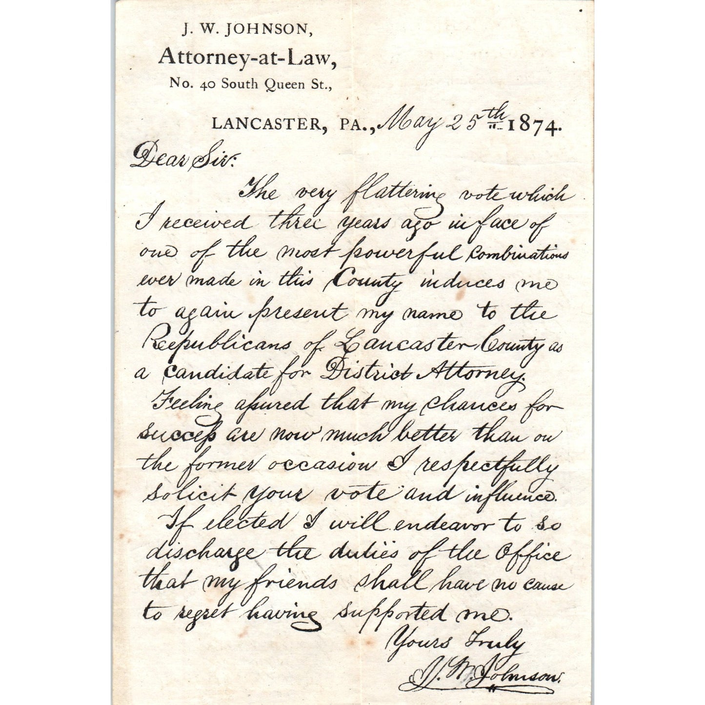 1874 J.W. Johnson Attorney at Law Lancaster PA Letterhead Memo D21